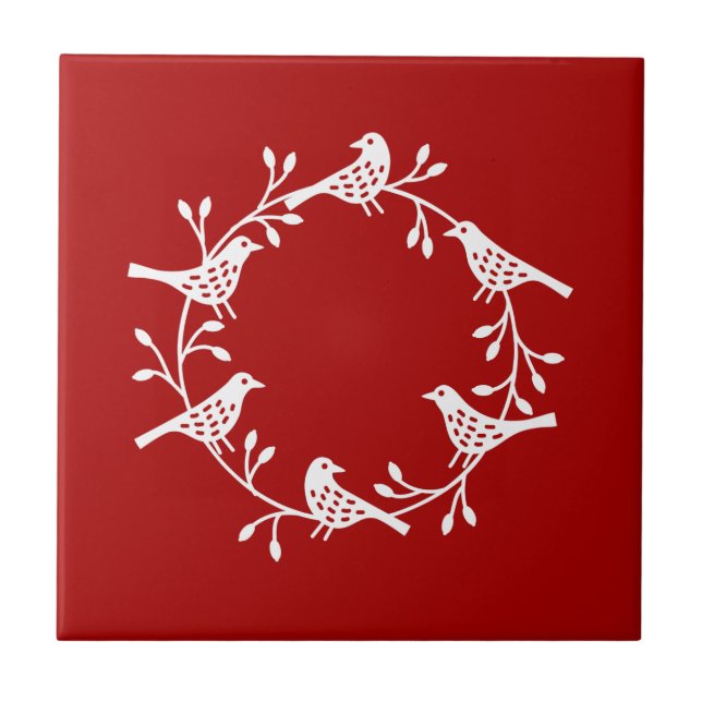 Moderner skandinavischer Vogel und Rosehip Wreath Fliese (Vorderseite)
