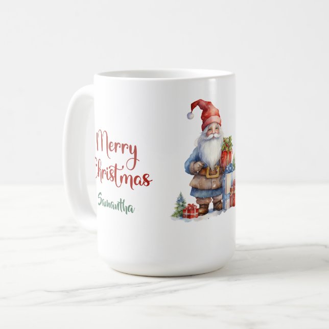 Moderner skandinavischer Weihnachtsgnom mit Gesche Kaffeetasse (Vorderseite Links)