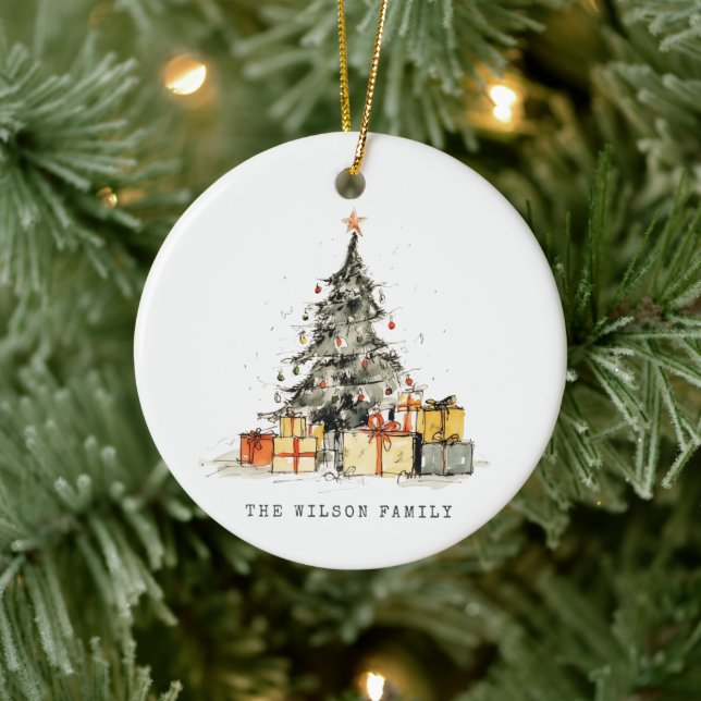Moderner Sketchy Weihnachtsbaum Wasserfarbe Keramik Ornament (Baum)
