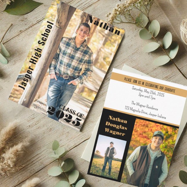 Moderner Sleek Black Gold Abschluss Foto Name Einladung (Von Creator hochgeladen)