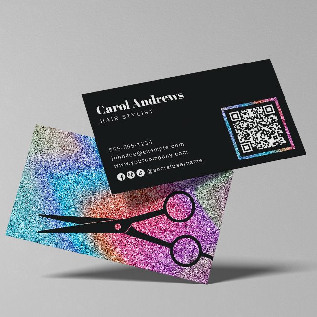 Moderner Sparkle Black Haarstudio-QR-Code Visitenkarte (Von Creator hochgeladen)