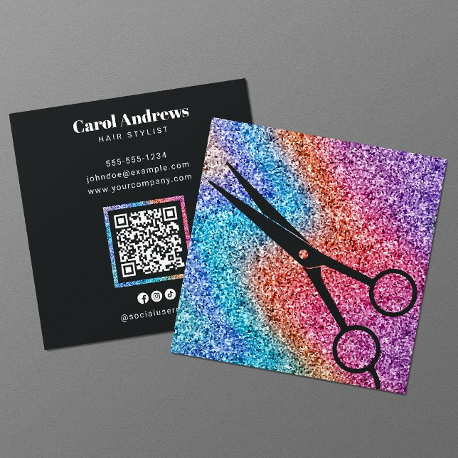 Moderner Sparkle-Schere Schwarzhaarsalon QR-Code Quadratische Visitenkarte (Von Creator hochgeladen)