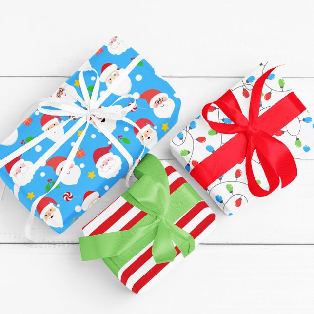 Moderner Spaß Santa Stripes & Weihnachtslicht Blau Geschenkpapier Set (Von Creator hochgeladen)