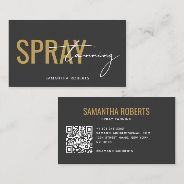 Moderner Spray-Tan-QR-Code grau gold Visitenkarte (Vorne/Hinten)