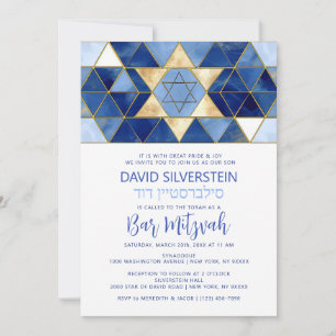 Moderner Star von David Blue Gold Bar Mitzvah Hebr Einladung