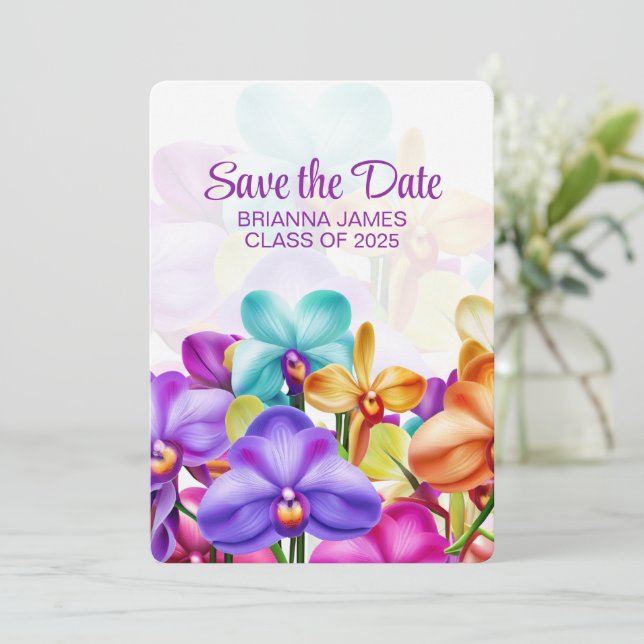 Moderner, stilvoller Abschluss mit Orchideen Save The Date (Stehend Vorderseite)