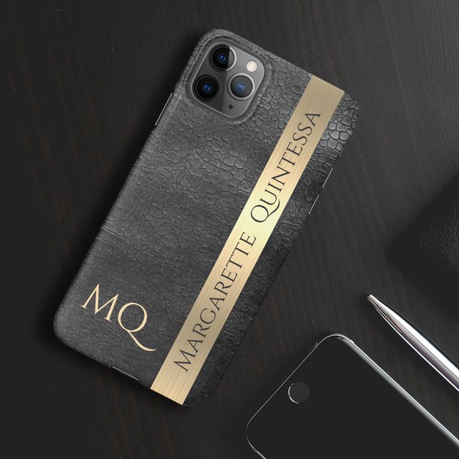 Moderner, stilvoller Black Leather Gold Foil Mit M iPhone 16 Hülle (Von Creator hochgeladen)