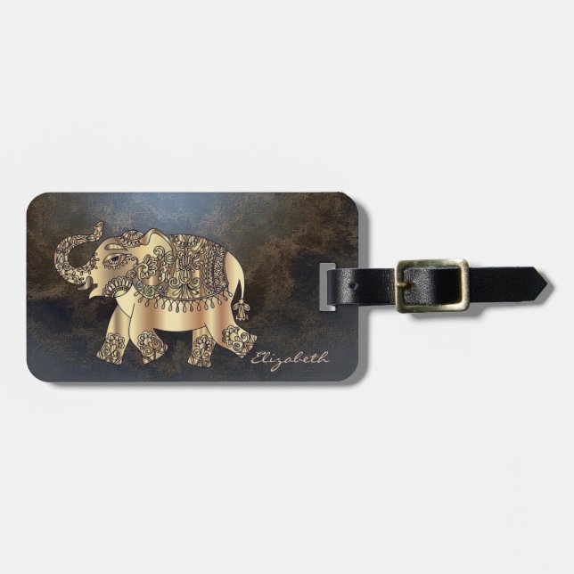 Moderner stilvoller goldener Elefant, Lederoptik Gepäckanhänger (Vorderseite horizontal)