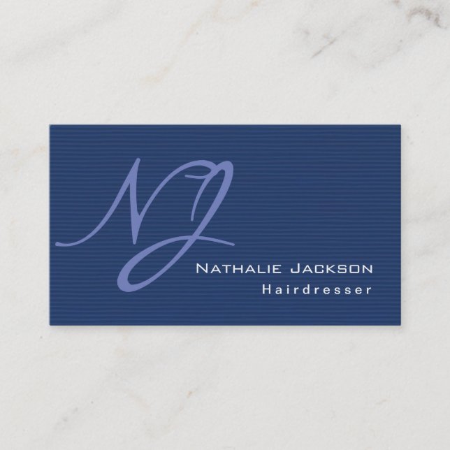 Moderner, stilvoller Monogram Blue Texture Friseur Visitenkarte (Vorderseite)