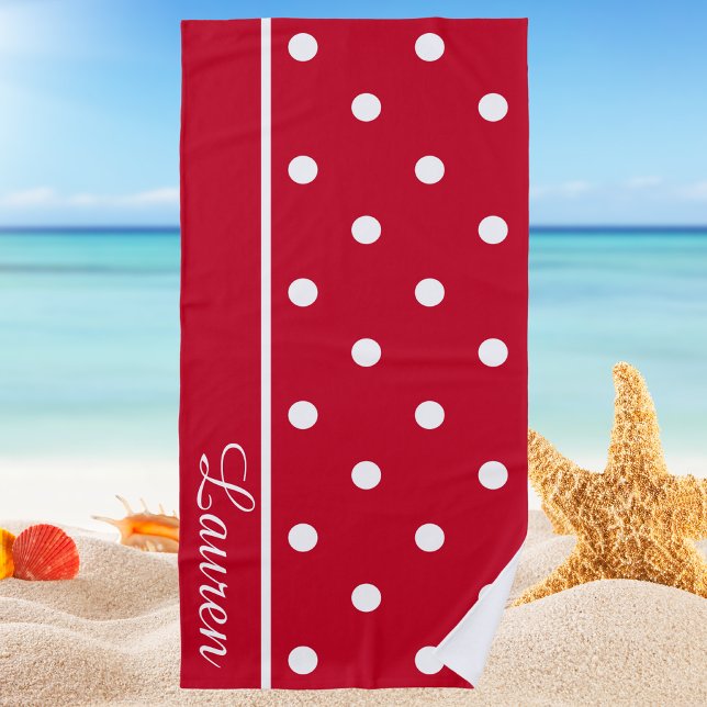 Moderner, stilvoller Preppy Red & White Polka Dot Strandtuch (Von Creator hochgeladen)