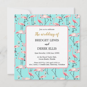 Moderner Strand Hochzeit Pink Blue Flamingo Einladung