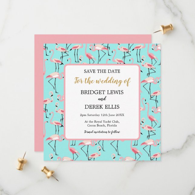 Moderner Strand Hochzeit Pink Blue Flamingo Save The Date (Vorderseite/Rückseite Beispiel)