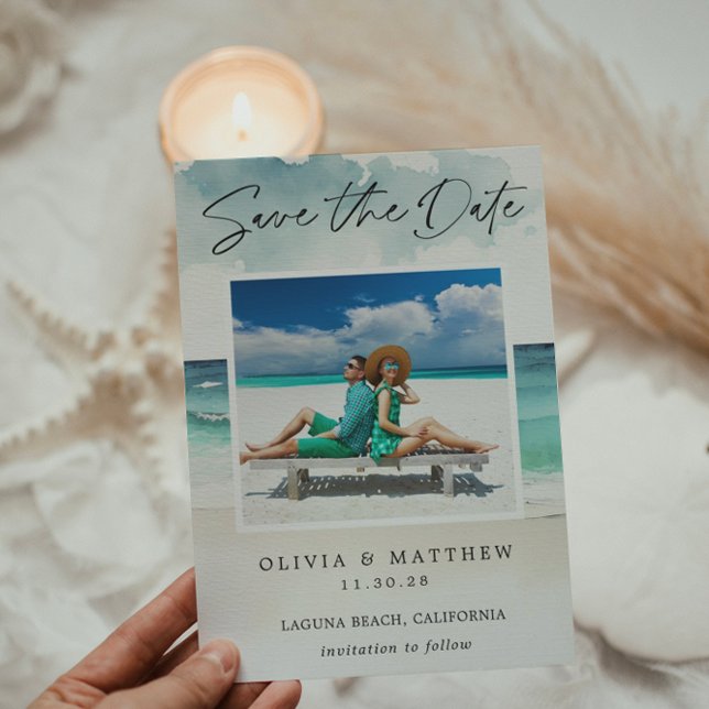 Moderner Strand mit Aquarellfarben Zwei Fotos Save The Date (Von Creator hochgeladen)