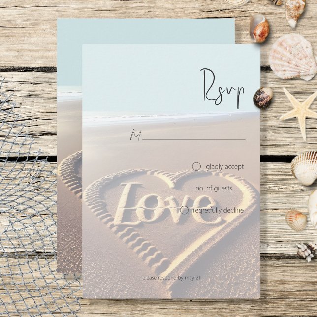 Moderner Strand mit Heart Vellum Style Wedding RSVP Karte (Von Creator hochgeladen)
