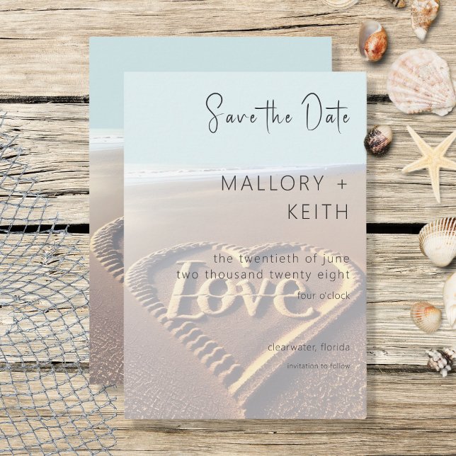 Moderner Strand mit Heart Vellum Style Wedding Save The Date (Von Creator hochgeladen)