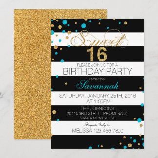 Moderner Stripe Glitzer Dots 16 . Geburtstag Gebur Einladung