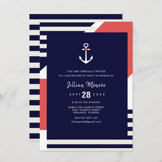 Moderner Stripe Nautical Anchor Junggeselinnen-Abs Einladung (Vorne/Hinten)