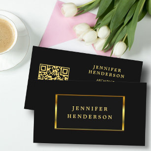 Moderner, stylischer QR-Code in schwarzem Gold ber Visitenkarte