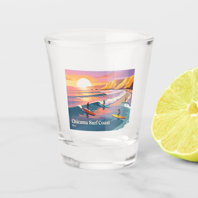 Moderner Surfer-Sonnenuntergang Chicama Peru Schnapsglas (Vorderseite)
