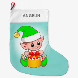 Moderner süßer Weihnachtself auf hellblau Großer Weihnachtsstrumpf