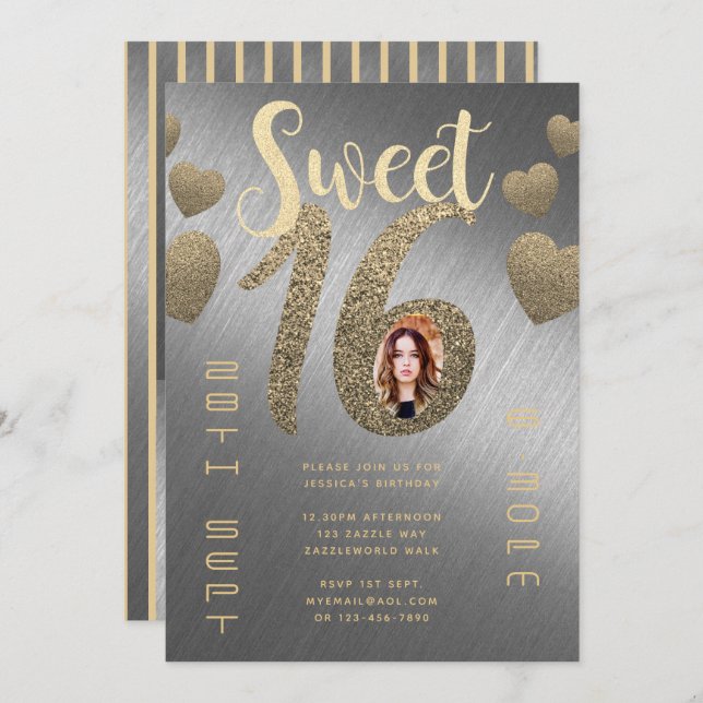 Moderner SWEET 16 FOTO Einladung Silver Gold Glitz (Vorne/Hinten)