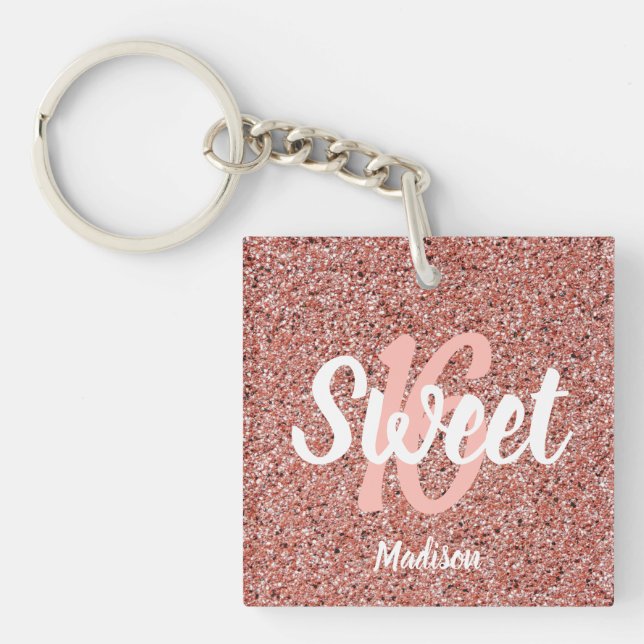 Moderner Sweet 16 Rose Gold Glitzer Personalisiert Schlüsselanhänger (Vorderseite)
