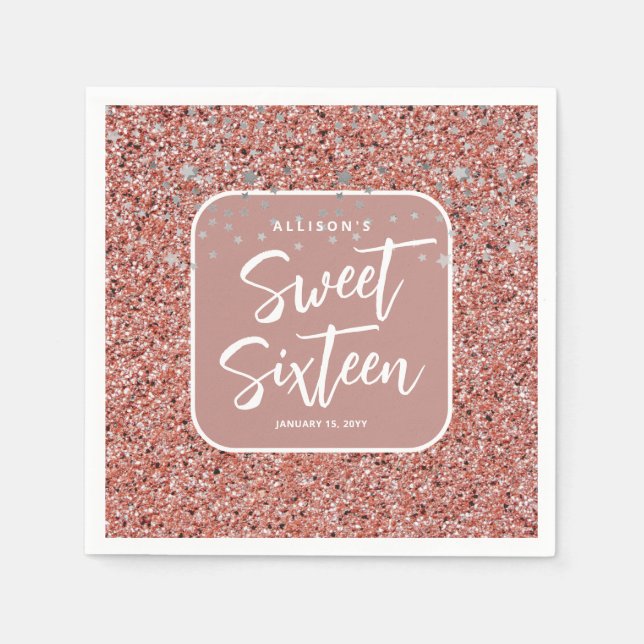 Moderner Sweet 16 Rose Gold Glitzer Personalisiert Serviette (Vorderseite)