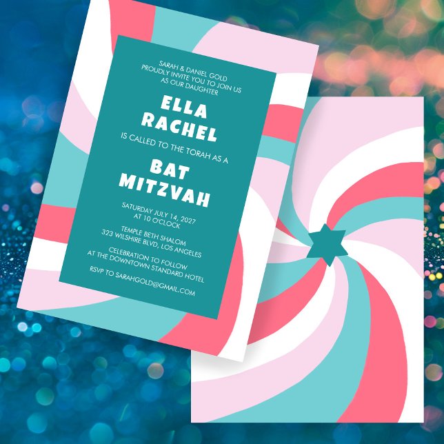 Moderner Swirl Star von David Custom Bar Bat Mitzv Einladung (Modern Swirl Star of David Custom Bar Bat Mitzvah Invitation Pink Green Bold Colorful Chic Cute)