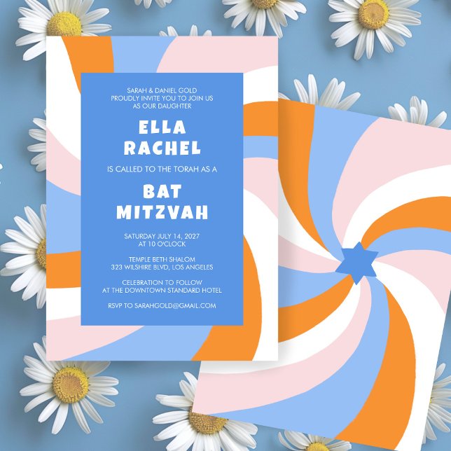 Moderner Swirl Star von David Custom Bar Bat Mitzv Einladung (Modern Swirl Star of David Custom Bar Bat Mitzvah Invitation Colorful Bold Stripes Orange Blue)