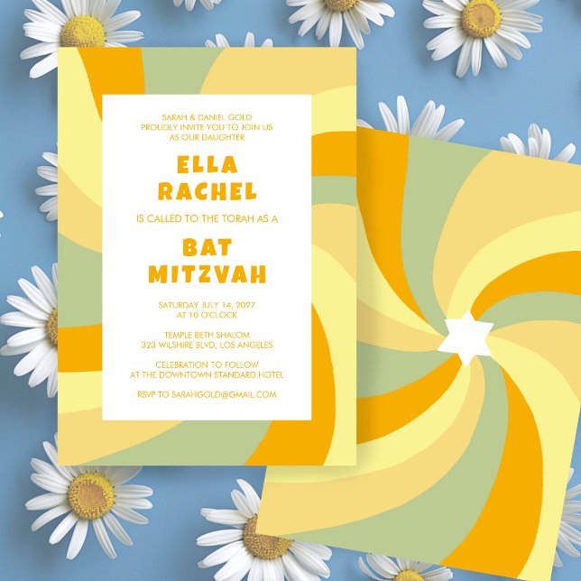 Moderner Swirl Star von David Custom Bar Bat Mitzv Einladung (Modern Swirl Star of David Custom Bar Bat Mitzvah Invitation Groovy 70s Cheerful Bold
)