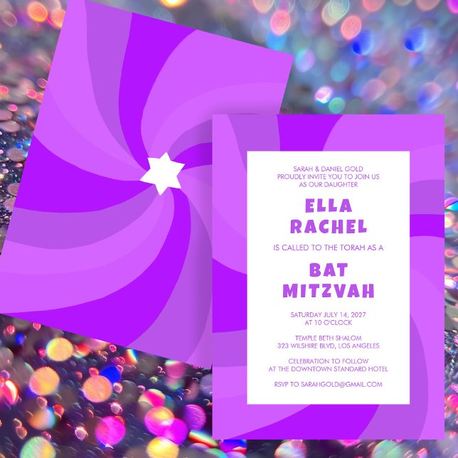 Moderner Swirl Star von David Custom Bar Bat Mitzv Einladung (Modern Swirl Star of David Custom Bar Bat Mitzvah Invitation Purple Colorful Bold
)