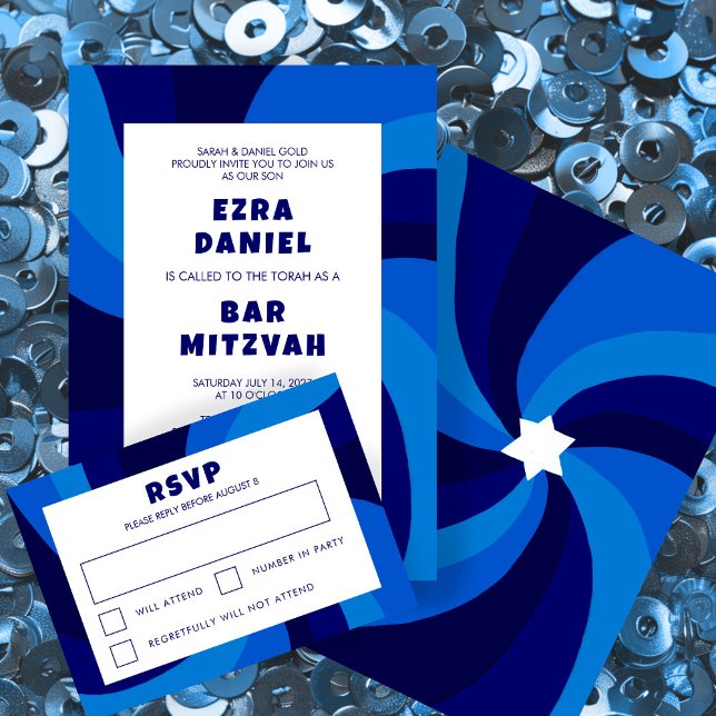 Moderner Swirl Star von David Custom Bar Bat Mitzv RSVP Karte (Modern Swirl Star of David Custom Bar Bat Mitzvah RSVP Card
)