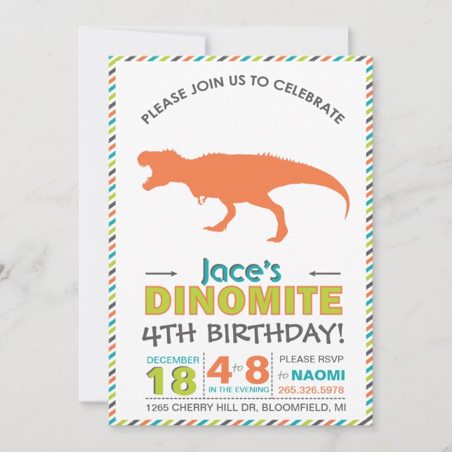 Moderner T-Rex Dinosaurier Orange Green Einladung (Vorderseite)