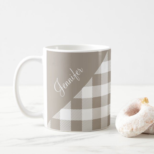 Moderner Taupe Karierter Mustername Kaffeetasse (Mit Donut)