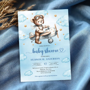 Moderner Teddybär-Pilot Blau Braun Jungen Dusche Einladung