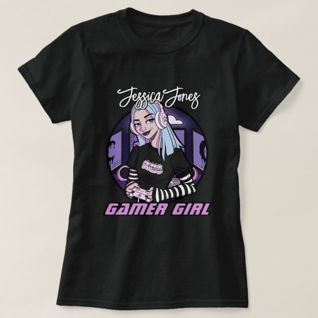 Moderner Teen Gamer Girl Cartoon Name Slogan T-Shirt (Design vorne)