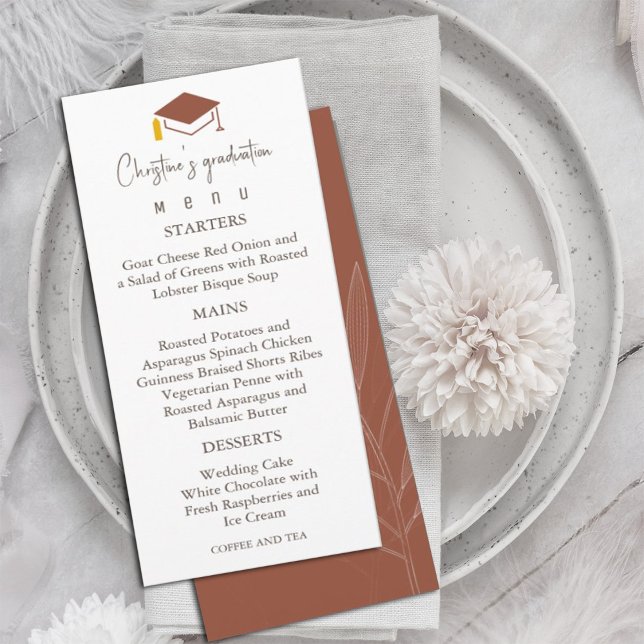 Moderner Terracotta Background Abschluss Menükarte (Terracotta graduation menu  #chic #graduate #classof2024 #dinner)