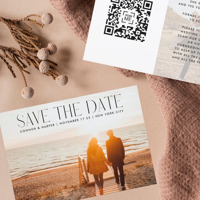 Moderner TREND ELEGANT Text QR CODE Zwei Fotos Save The Date (Von Creator hochgeladen)