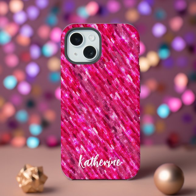 Moderner trendiger monogramm-Hot-Rosa-Glitzer iPhone 15 Hülle (Von Creator hochgeladen)