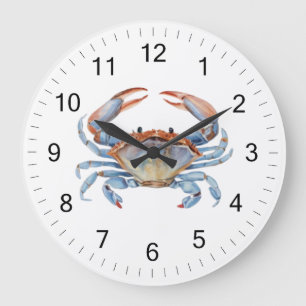 Moderner trendy Blue Watercolor Crab Summer Beach Große Wanduhr