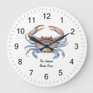 Moderner trendy Blue Watercolor Crab Summer Beach Große Wanduhr