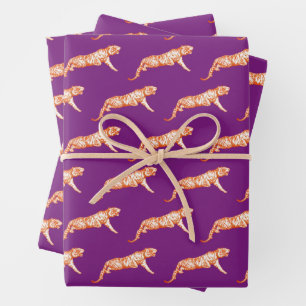Moderner Trendy Bright Orange Tiger auf Lila Geschenkpapier Set