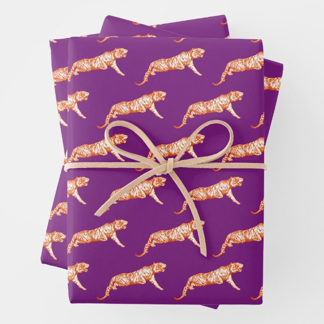 Moderner Trendy Bright Orange Tiger auf Lila Geschenkpapier Set (Beispiel)