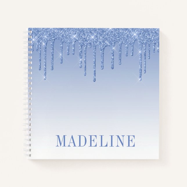 Moderner Trendy Dusty Blue Glitzer Tropfen Notizbuch (Vorderseite)