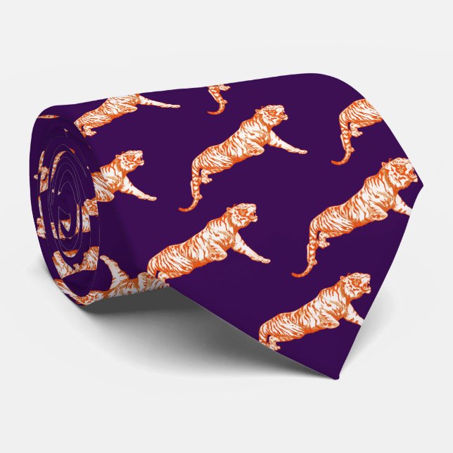 Moderner Trendy Orange Tiger auf dunklem Lila Krawatte (Gerollt)