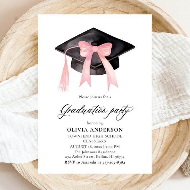 Moderner Trendy Pink Bow Graduation Cap Abschluss Einladung (Watercolor Modern Elegant Trendy Stylish Pink Bow Graduation Invitation)