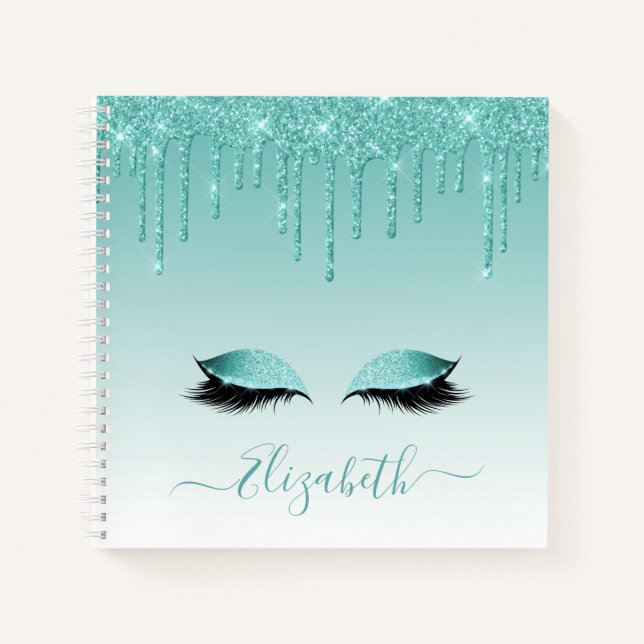 Moderner Trendy Stylish Script Aquamarin Glitzer L Notizbuch (Vorderseite)
