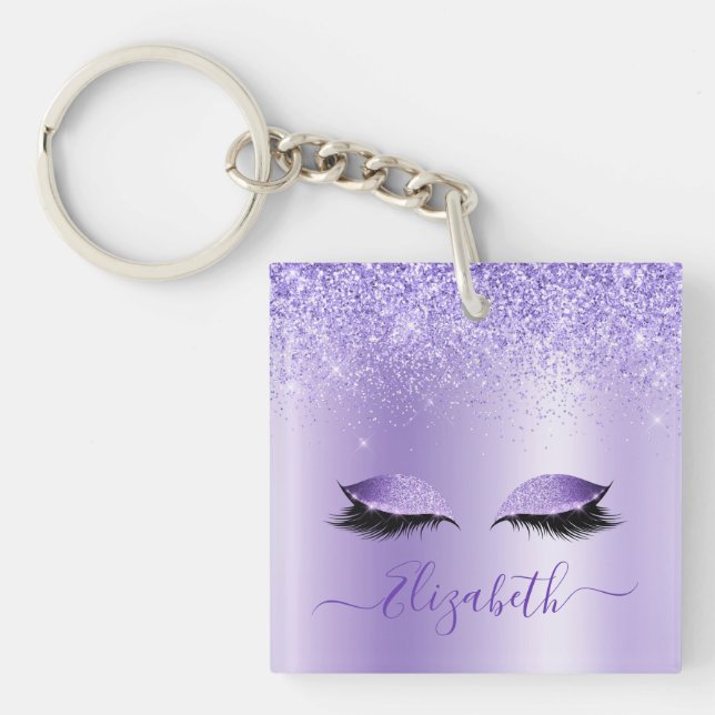 Moderner Trendy Stylish Script Lila Glitzer Lashes Schlüsselanhänger (Vorderseite)