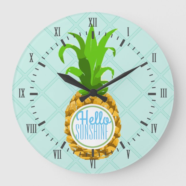 Moderner tropischer Ananas-hallo Sonnenschein Große Wanduhr (Vorderseite)