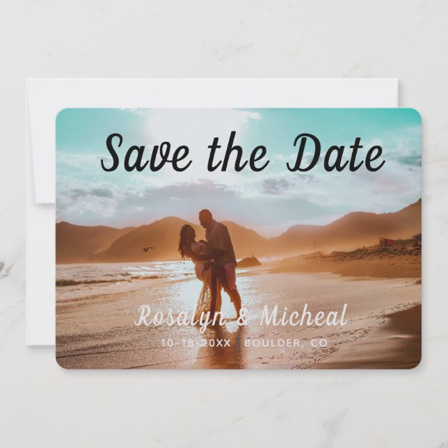 Moderner tropischer romantischer Strand 3 Foto von Save The Date (Vorderseite)